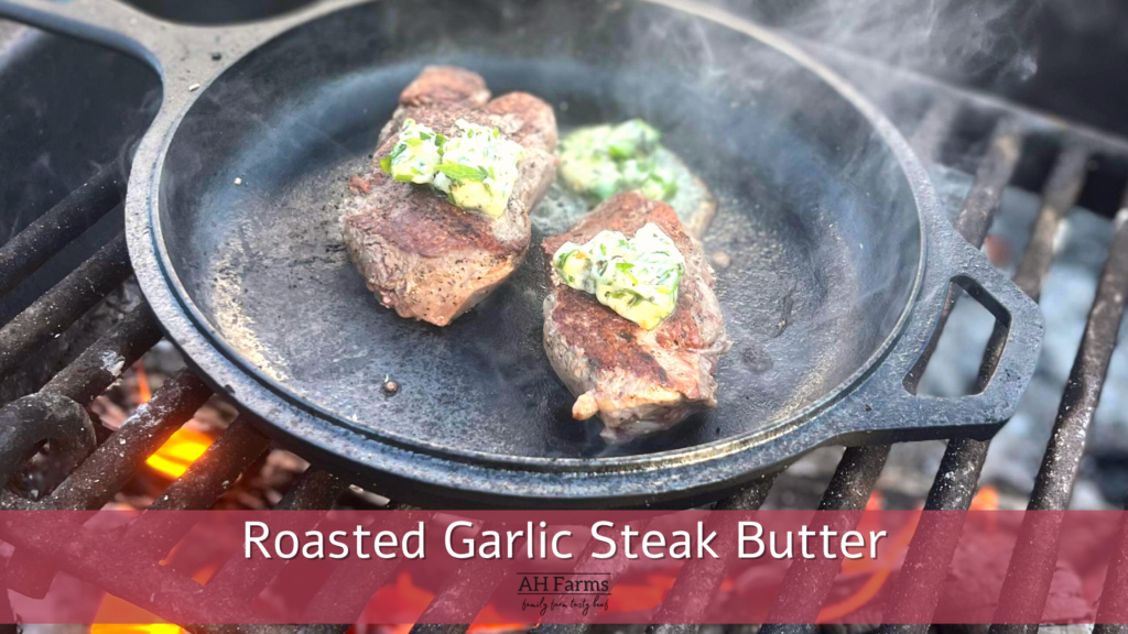 Filet mignon with compound butter in a cast iron